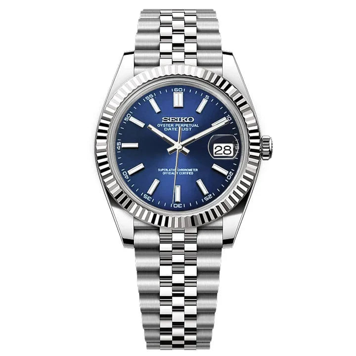 Silver watch with a blue face on a white background