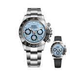 Two Seiko watches, one with a silver band and blue face, the other with a black band and blue face, on a white background.