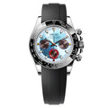 Watch with a black strap and multicolored face on a white background
