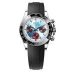 Watch with a black strap and multicolored face on a white background