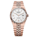 Luxury watch with rose gold strap and white dial on a white background