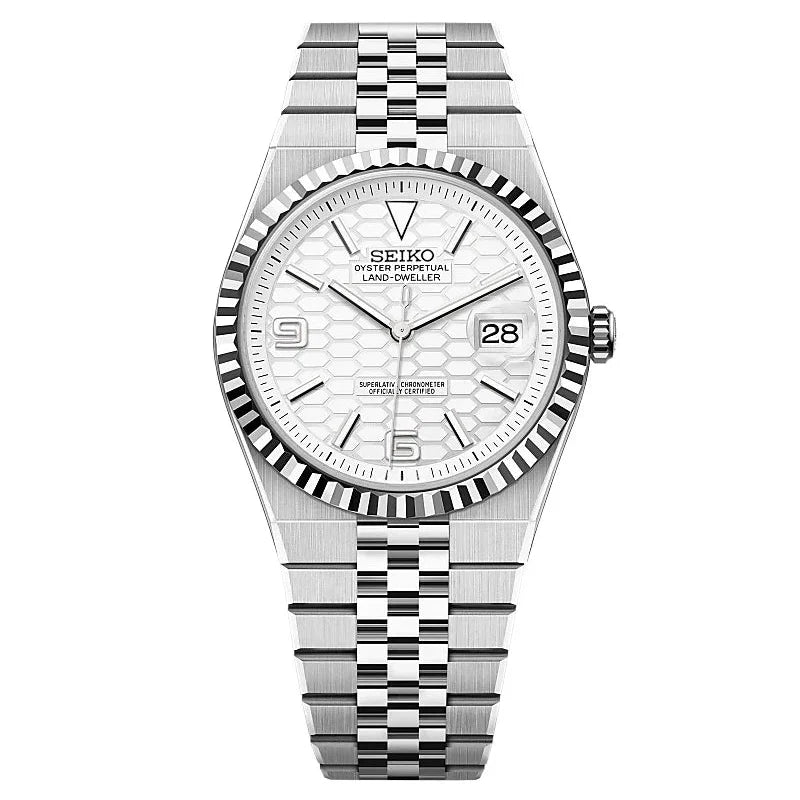 Silver watch with a detailed face on a white background