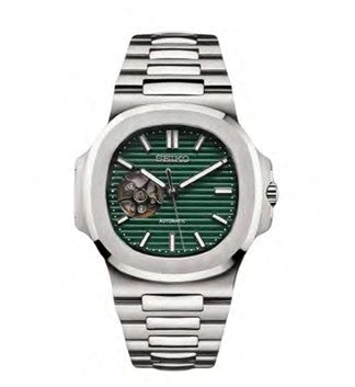 Silver watch with a green face on a white background