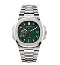 Silver watch with a green face on a white background