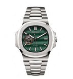 Silver watch with a green face on a white background