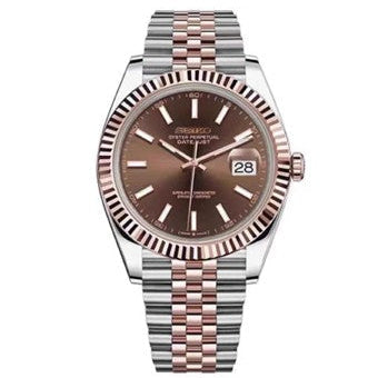 Seiko watch with brown dial and rose gold and silver metal band on white background