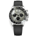 Wristwatch with black strap and silver case on a white background