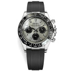 Wristwatch with black strap and silver case on a white background