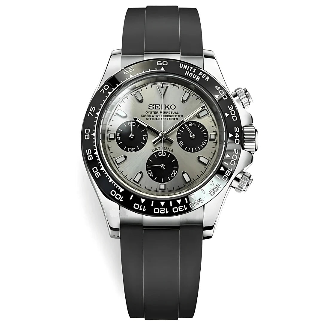 Wristwatch with black strap and silver case on a white background