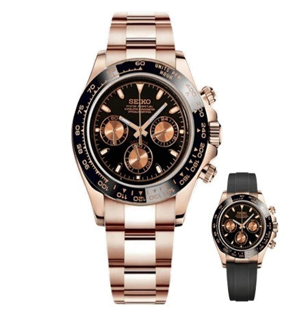 Rose gold and black Seiko watch with a smaller black and rose gold watch on a white background
