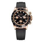 Luxury watch with black strap and rose gold case on a white background