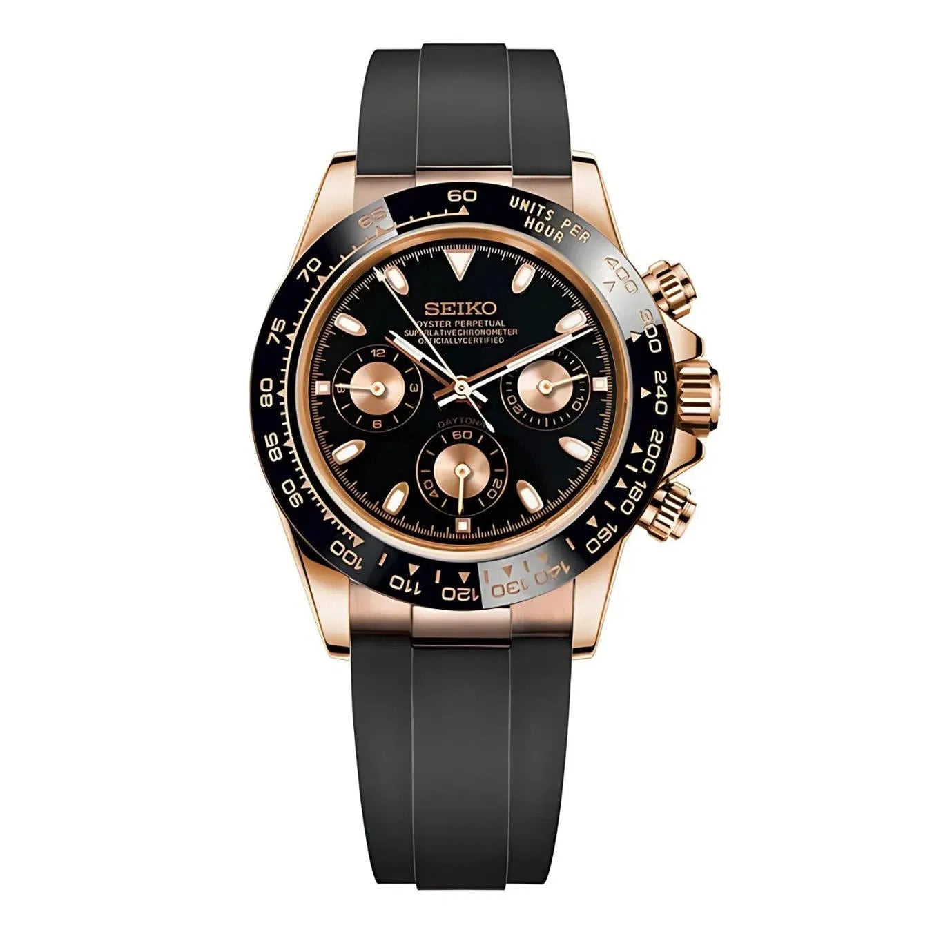 Luxury watch with black strap and rose gold case on a white background