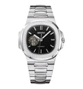 Silver Seiko watch with black face on a white background