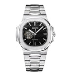 Silver Seiko watch with black face on a white background