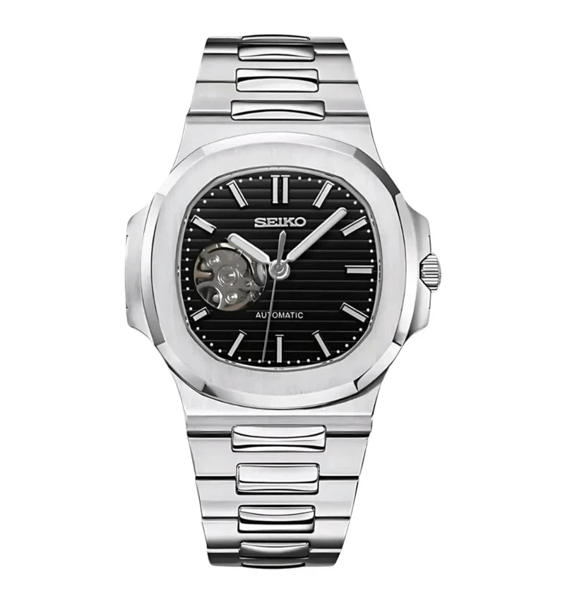 Silver Seiko watch with black face on a white background