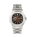 Silver watch with a brown face on a white background