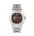 Silver watch with a brown face on a white background