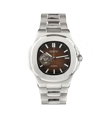 Silver watch with a brown face on a white background