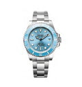 Watch with blue face and silver case on white background