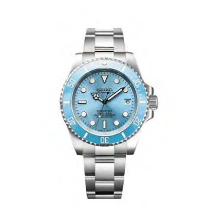 Watch with blue face and silver case on white background