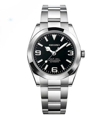 Seiko watch with black dial and silver metal strap on a white background